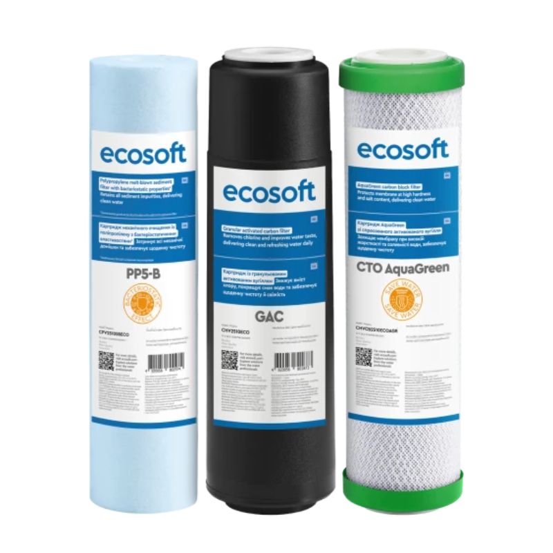 Покращений комплект із 3 картриджів Ecosoft для фільтрів зворотного осмосу з функцією економії води